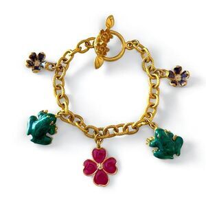 Matte Gold Enamel Flowers Frogs Charm Bracelet